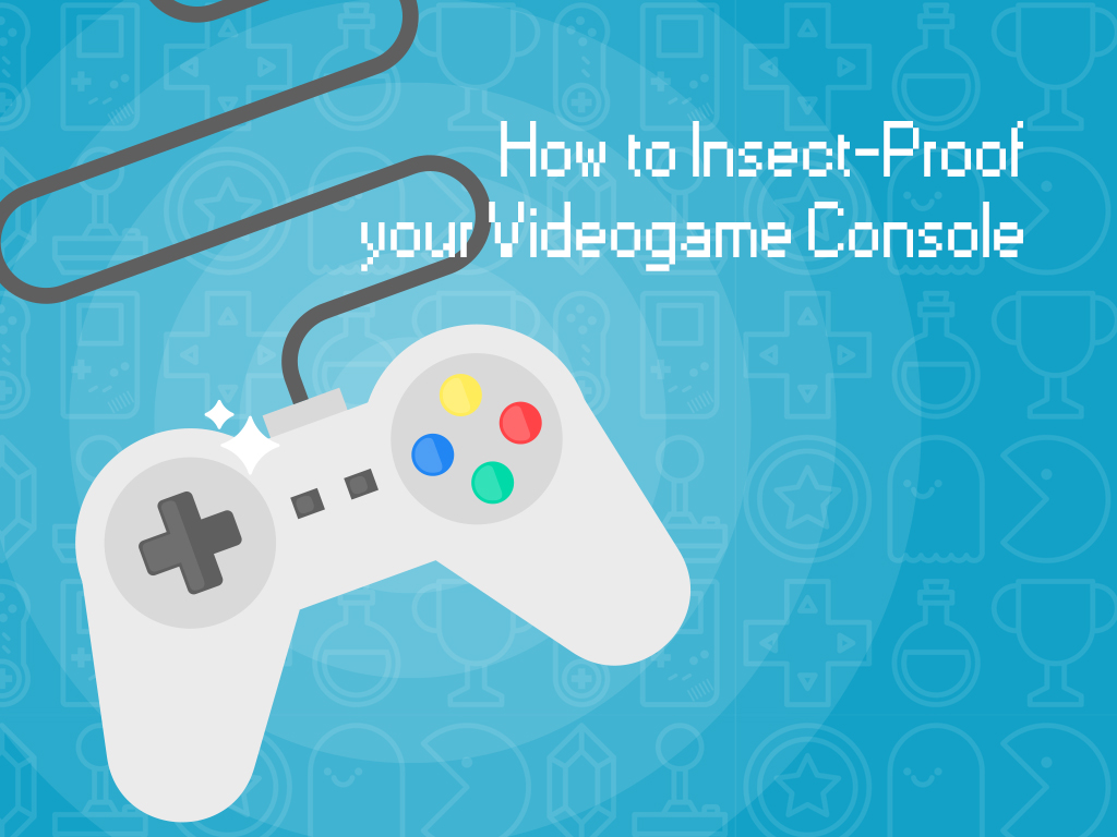 graphic art of a video game controller on a blue background with text reading, "How to Insect-proof your videogame console"